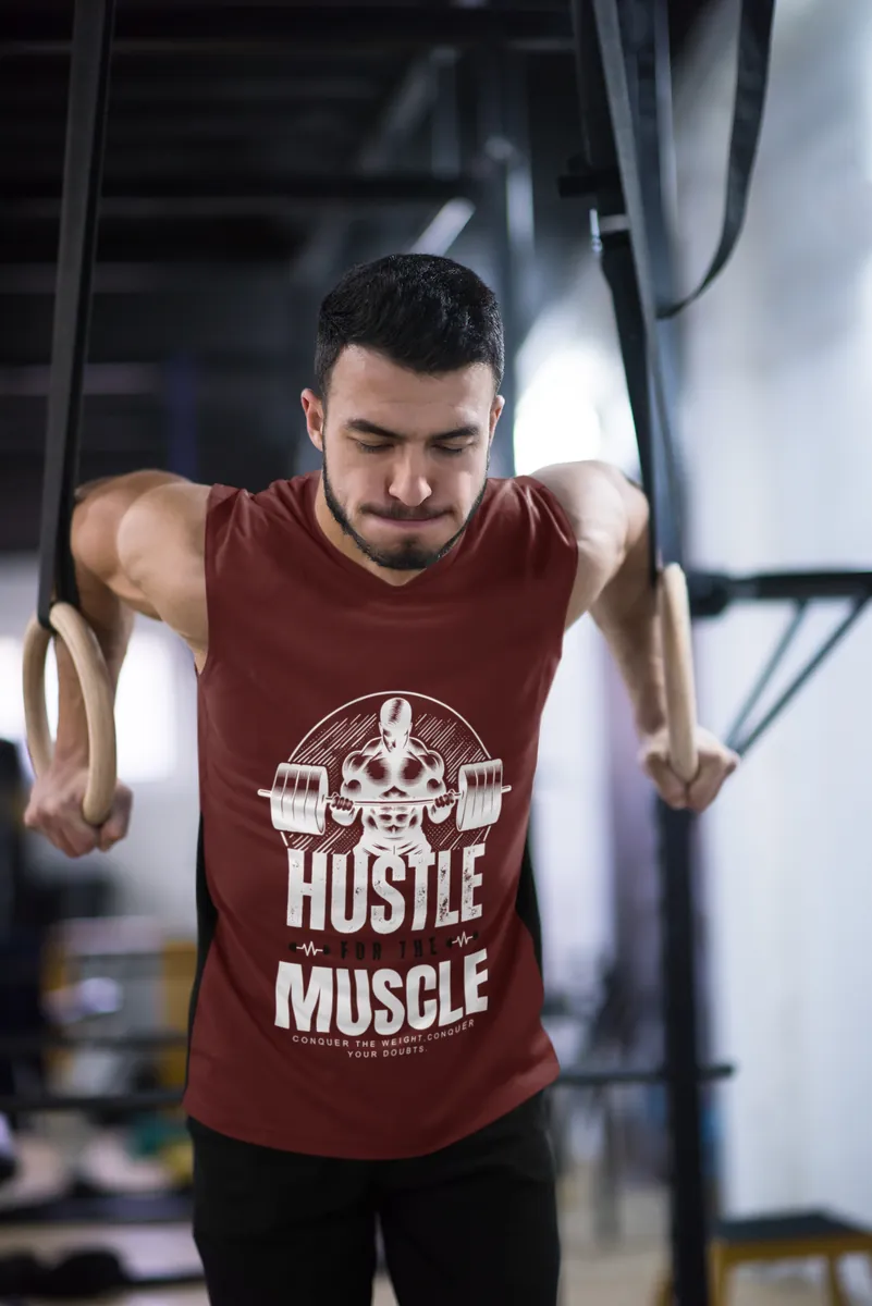 Minicon Hustle for the Muscle Maroon Gym Vest printed t-shirt for men